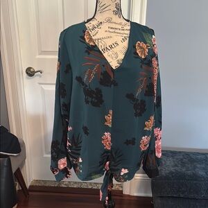 Umgee Teal Floral V-Neck Blouse